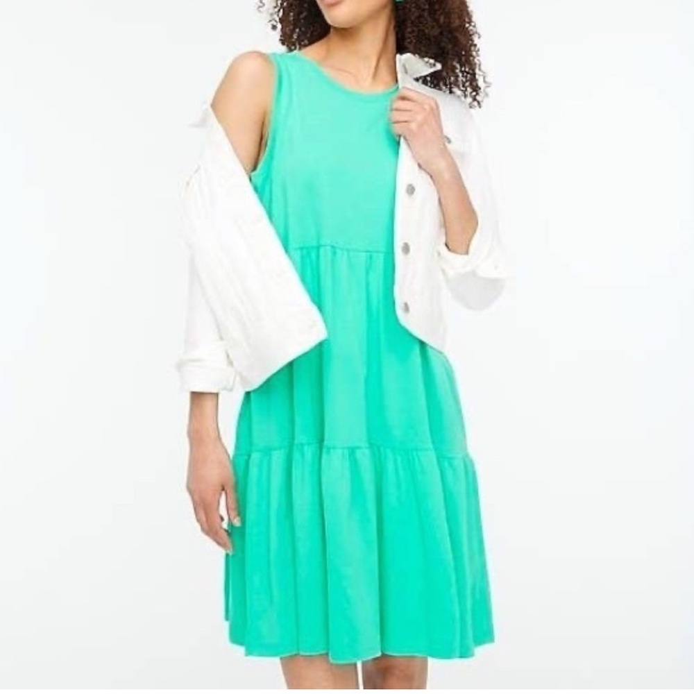 J. Crew Factory‎ Sleeveless Striped Knit Tiered Mini Dress Chrome Green Size L